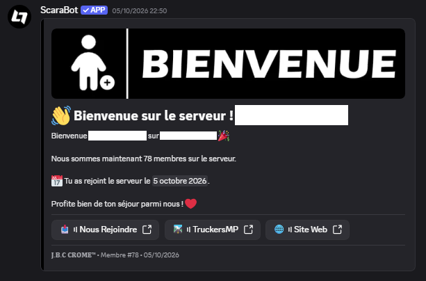 Aperçu des messages de bienvenue de ScaraBot