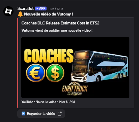 Aperçu des notifications YouTube et blog de ScaraBot