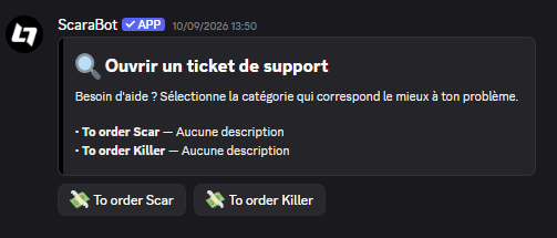 Aperçu du panneau de tickets de ScaraBot